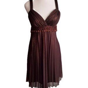 Shimmery Brown Baby Doll Party Dress Sweetheart Neckline Accordion Skirt NYE